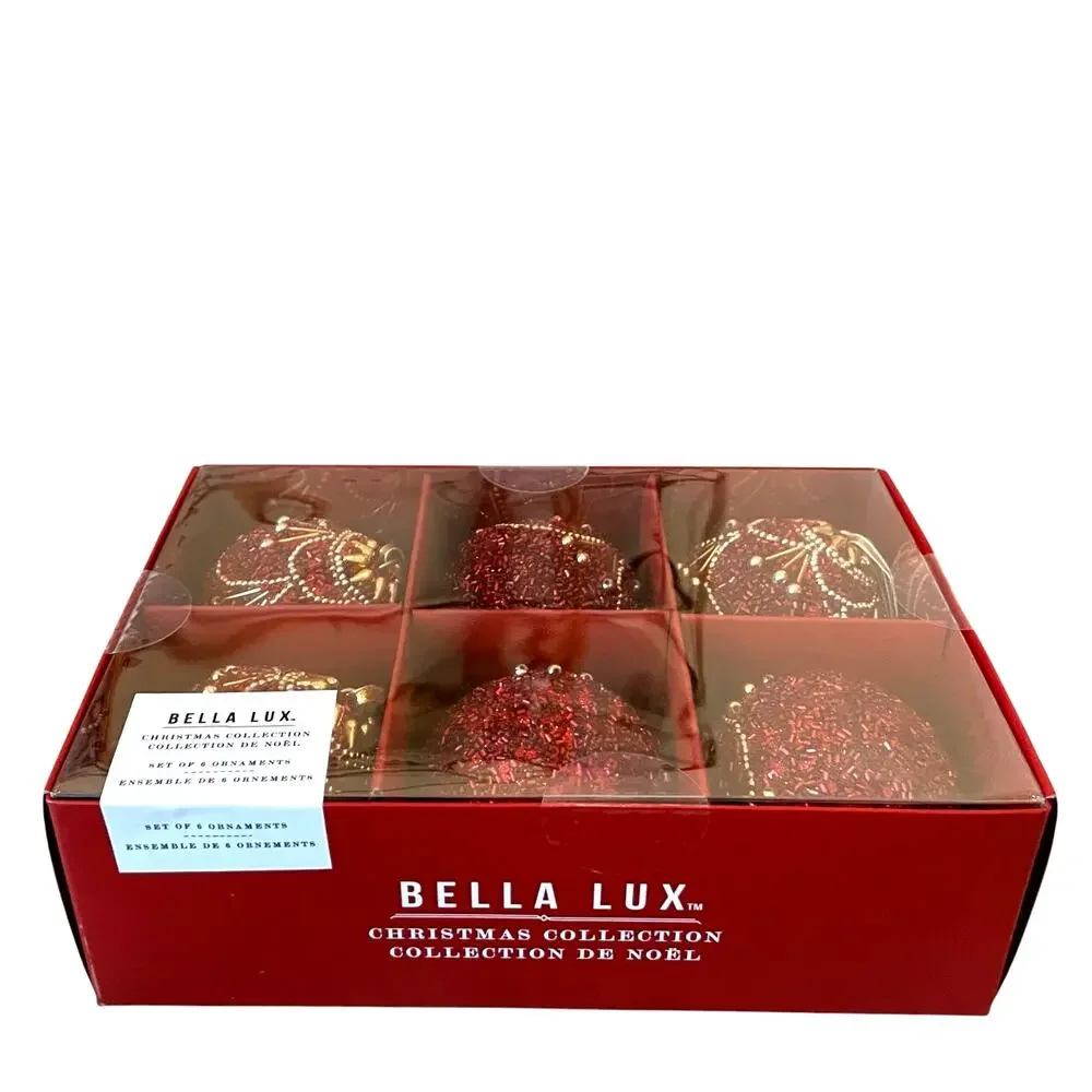 Bella Lux Red Gold Beaded Christmas Ornaments 2.5in Set of 6 Holiday Glam NEW